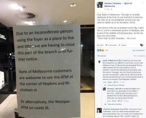 Bank of Melbourne sign calls homeless person “inconsiderate”