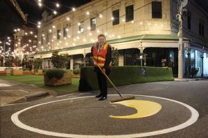 Speed humps placed over polka dots at Yarraville